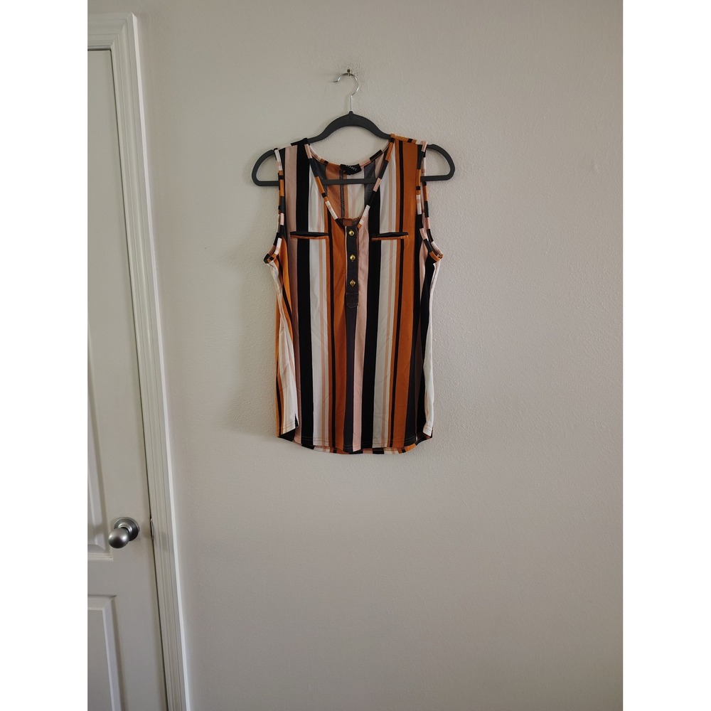 Fifty Street Womens Orange Black Striped Sleeveless Henley Blouse Top Size M